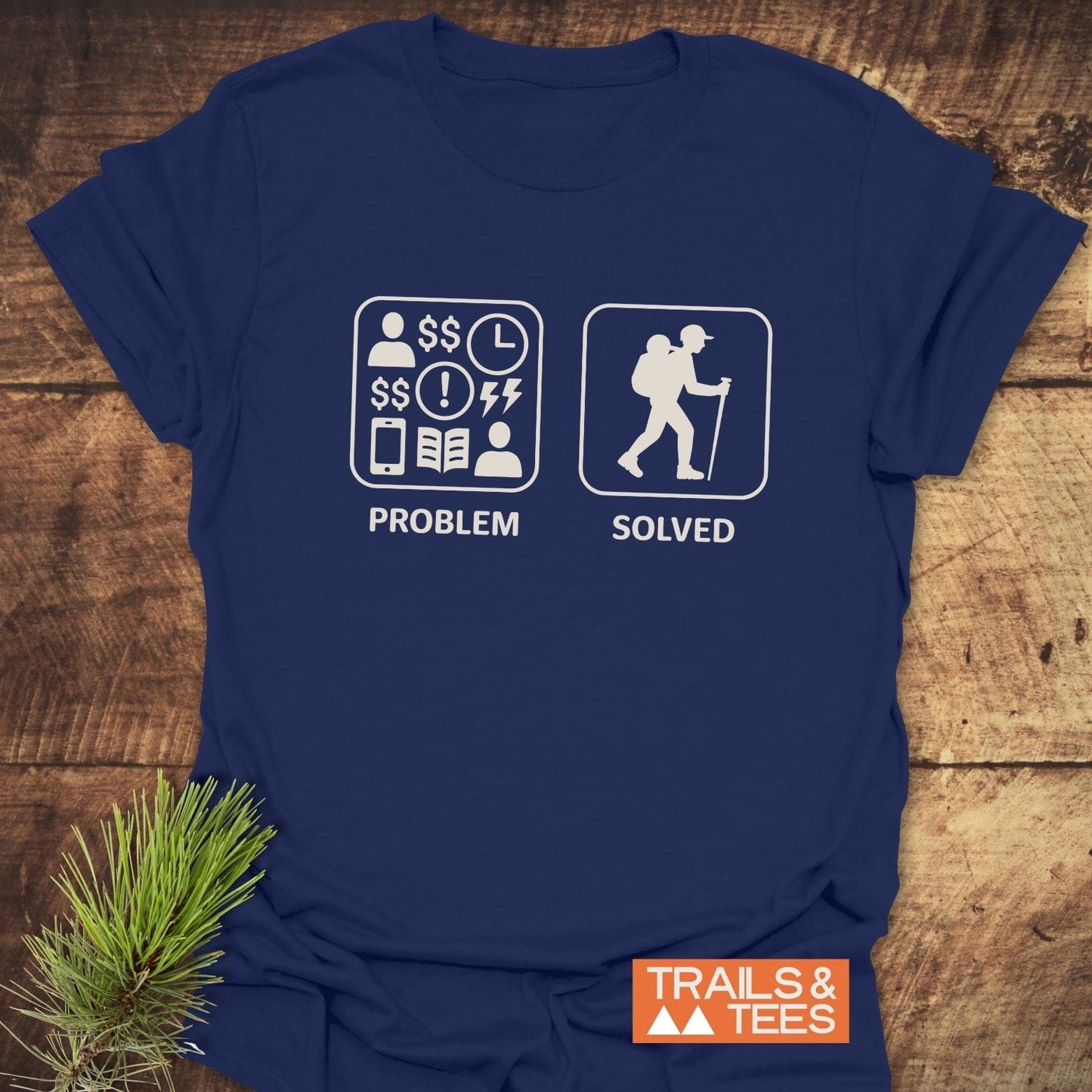 Navy-blue Problem Solved Hiking T-Shirt featuring stress icons and a hiker graphic; crafted from soft cotton, designed for outdoor comfort.