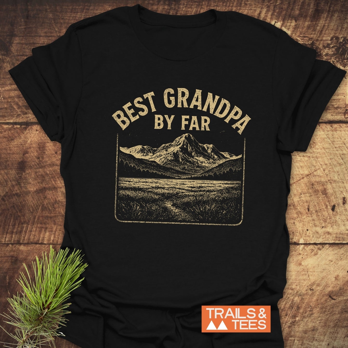 Best Grandpa By Far T-Shirt featuring a vintage mountain graphic and distressed font, crafted from soft cotton for comfort and durability, perfect for outdoor enthusiasts.