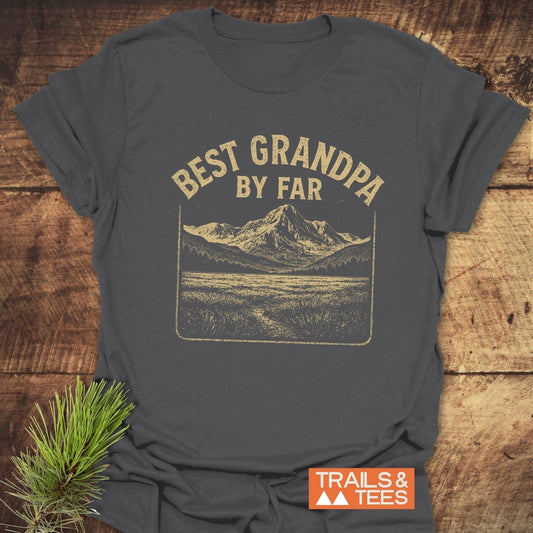 Best Grandpa By Far T-Shirt featuring a vintage mountain graphic. Made from soft ring-spun cotton, it ensures comfort and durability for outdoor enthusiasts.