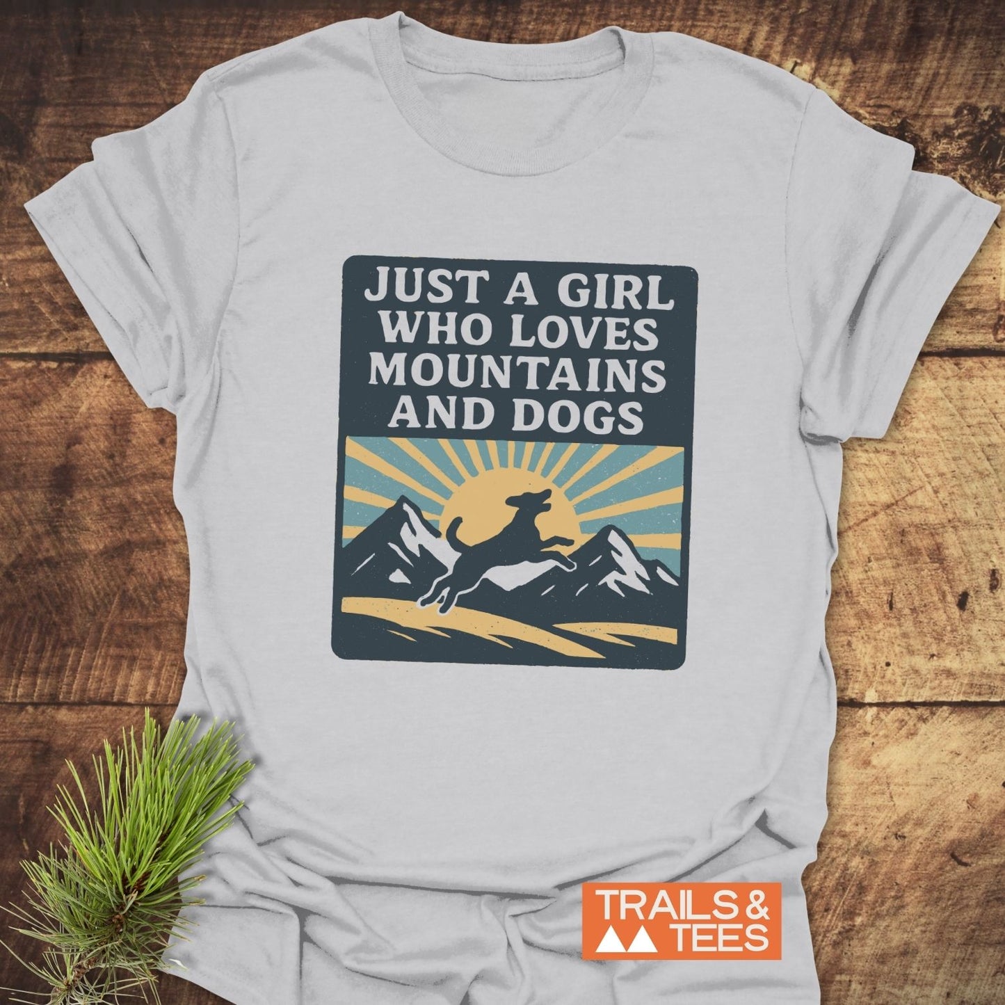 Light-gray Just A Girl Who Loves Mountains and Dogs T-shirt with retro graphic, crafted from soft ring-spun cotton, ideal for outdoor enthusiasts.