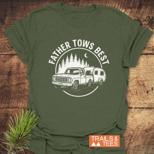 Father Tows Best T-Shirt featuring a vintage truck and camper graphic, crafted from soft ring-spun cotton for comfort, with durable, fade-resistant prints.