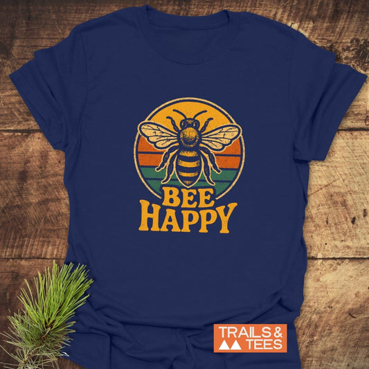 Bee Happy T-Shirt showing a retro bee graphic with BEE HAPPY slogan, crafted from soft cotton for comfort and adventure-ready durability.