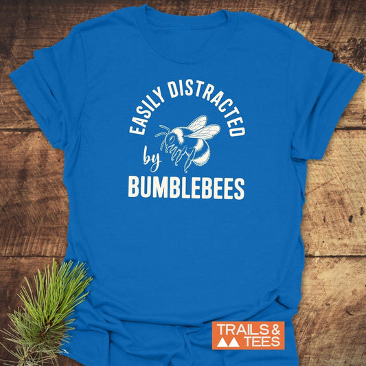 Easily Distracted By Bumblebees T-Shirt: Blue tee with a bumblebee print, soft ring-spun cotton, durable print, designed for outdoor enthusiasts.