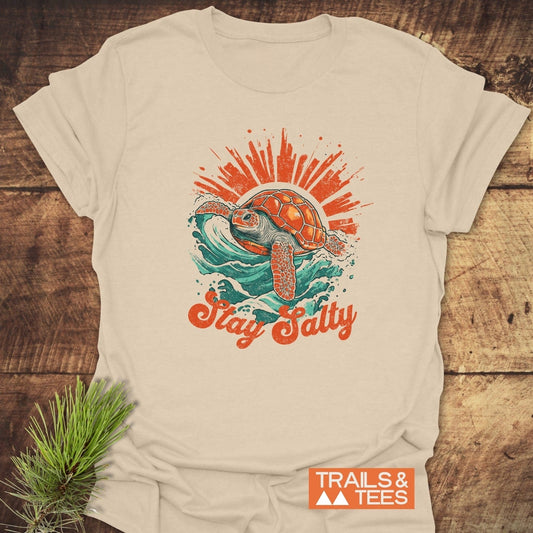 Stay Salty T-Shirt featuring a vintage sea turtle graphic on soft ring-spun cotton, ideal for everyday adventures and outdoor enthusiasts.