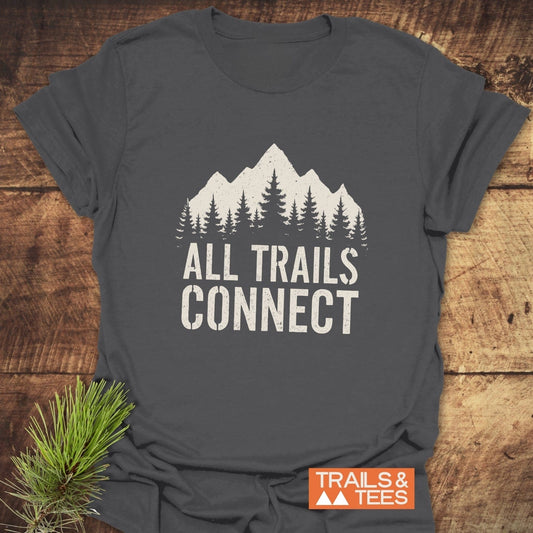 All Trails Connect T-Shirt with mountain and trees design, showcasing outdoor spirit. Made from soft, lightweight cotton for comfort and durability.