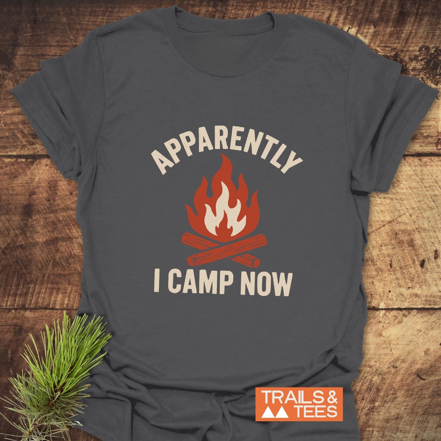 Heather-gray Apparently Camping T-Shirt with campfire graphic and slogan, laid on wood. Features durable print, soft cotton, and rustic pine accent.