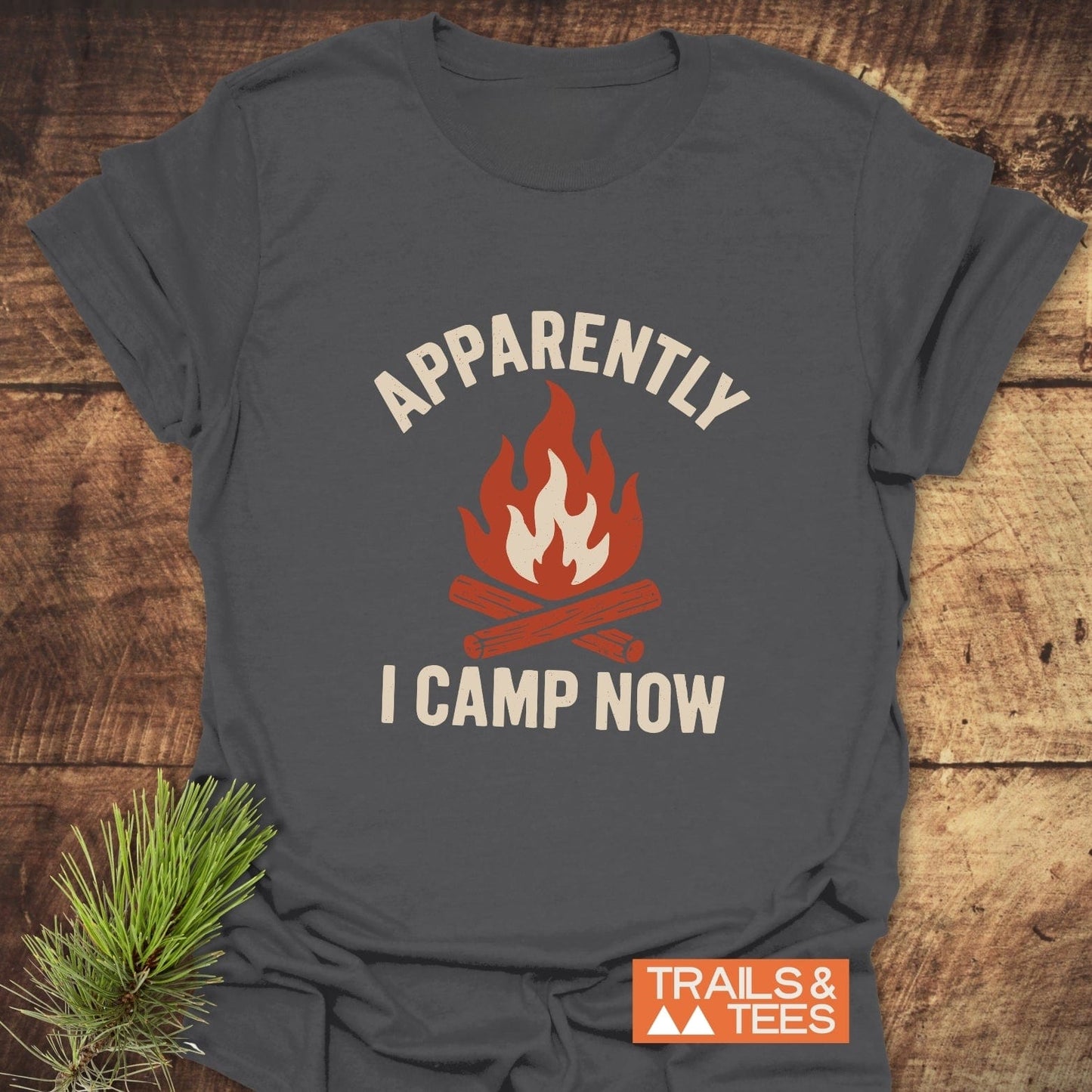 Heather-gray Apparently Camping T-Shirt with campfire graphic and slogan, laid on wood. Features durable print, soft cotton, and rustic pine accent.