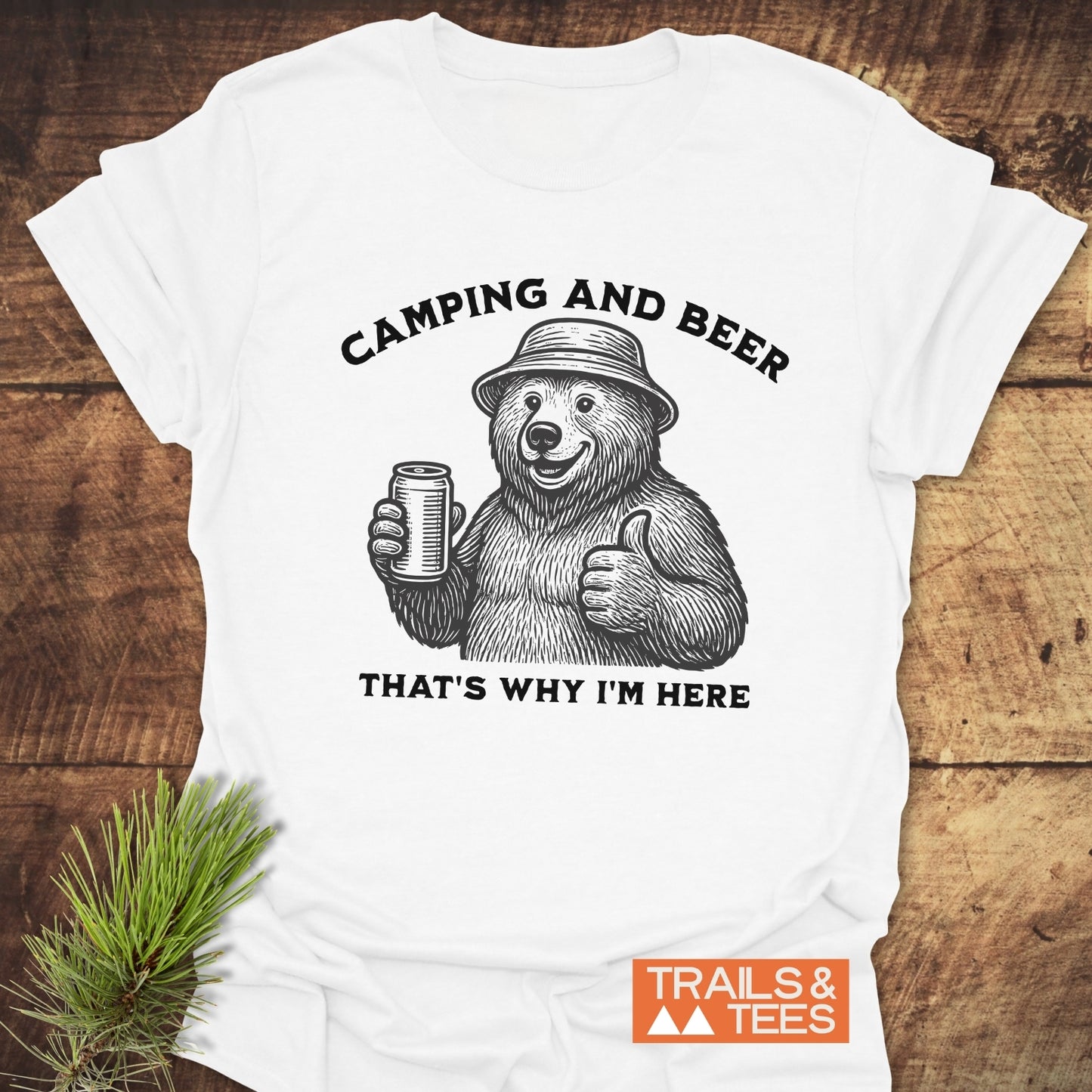 Camping And Beer T-Shirt featuring a bear in a bucket hat with beer, crafted from soft cotton, perfect for outdoor enthusiasts seeking comfort and durability.