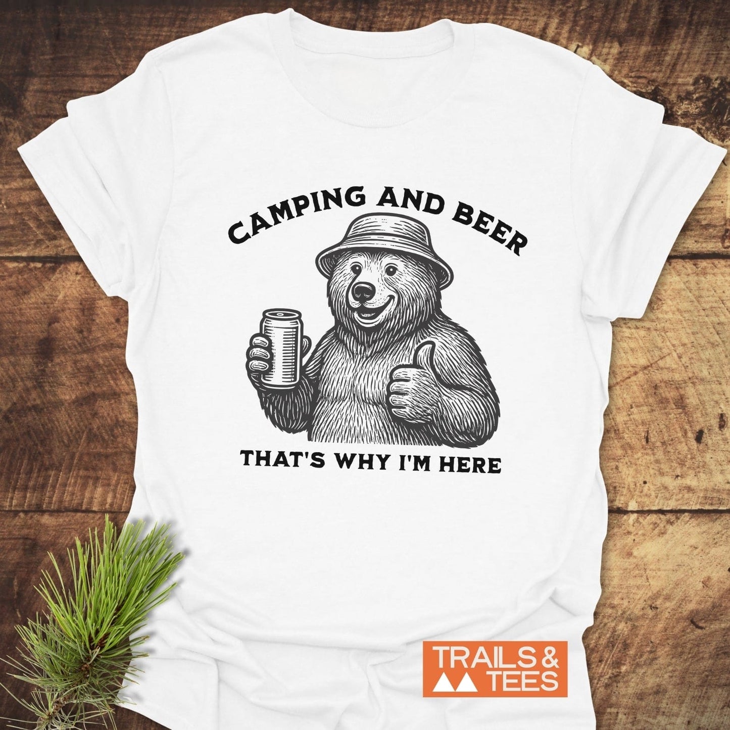 Camping And Beer T-Shirt featuring a bear in a bucket hat with beer, crafted from soft cotton, perfect for outdoor enthusiasts seeking comfort and durability.
