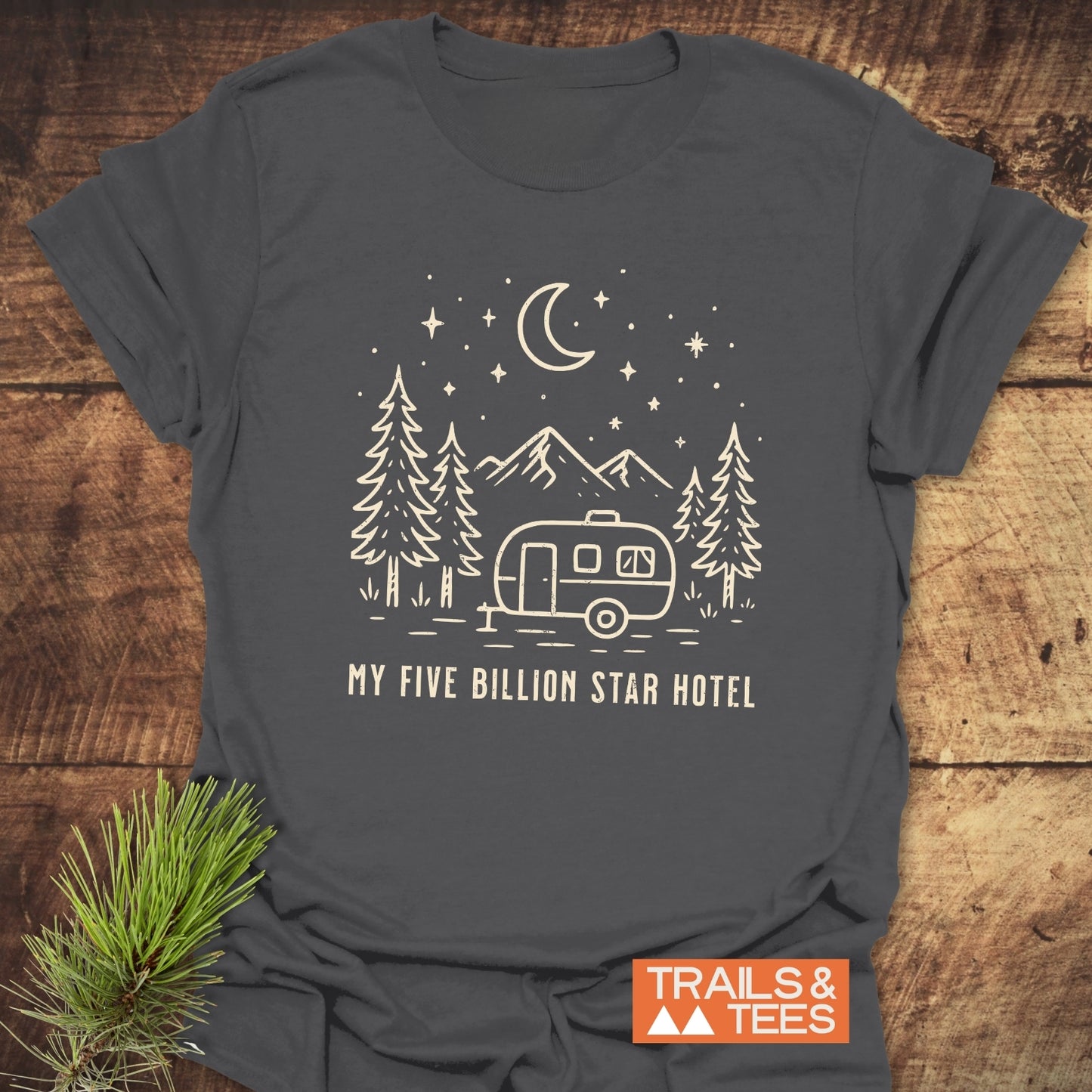 My 5 Billion Star Hotel T-Shirt features a vintage camper scene with mountains and stars, crafted from soft, durable cotton for outdoor enthusiasts.
