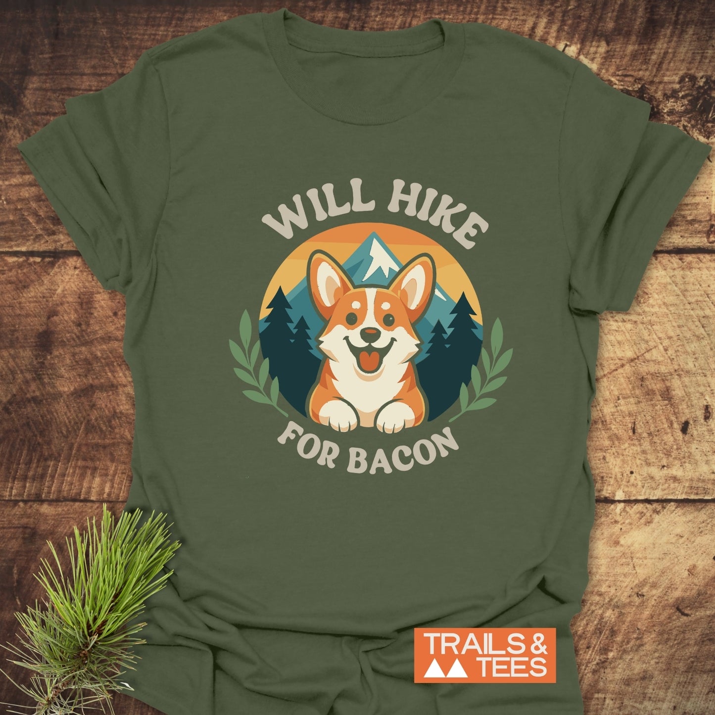 Will Hike For Bacon T-Shirt featuring a retro corgi graphic and durable DTF print, designed for comfort and outdoor adventures.