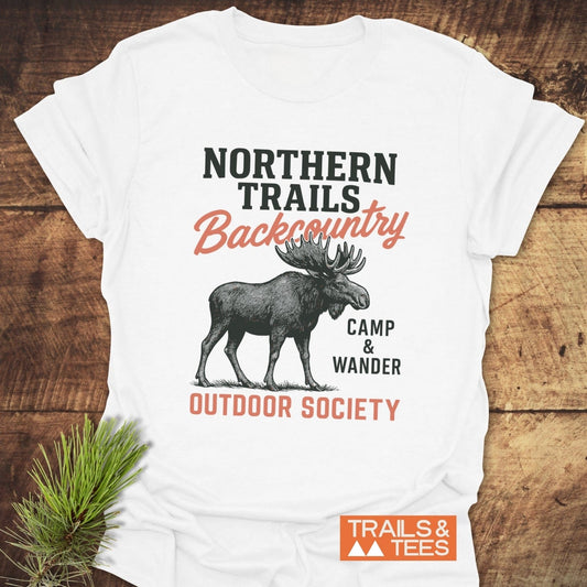 Northern Trails Moose T-Shirt with hand-drawn moose graphic, highlighting outdoor adventure theme. Made from soft ring-spun cotton, durable prints, designed for everyday exploration.