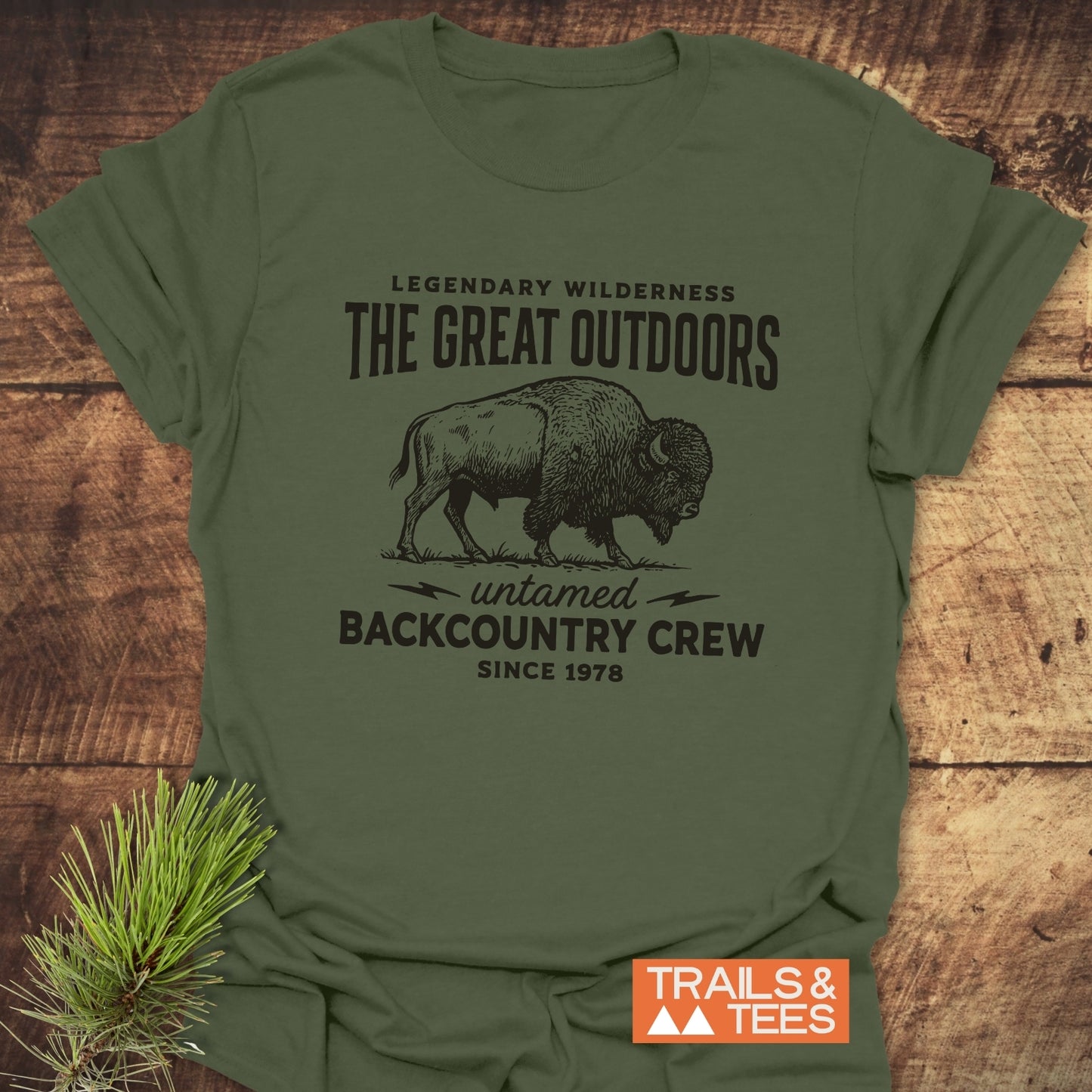 The Great Outdoors T-Shirt features a vintage bison design, bold text, and Trail-tested comfort, laid on wood with pine branch and logo.