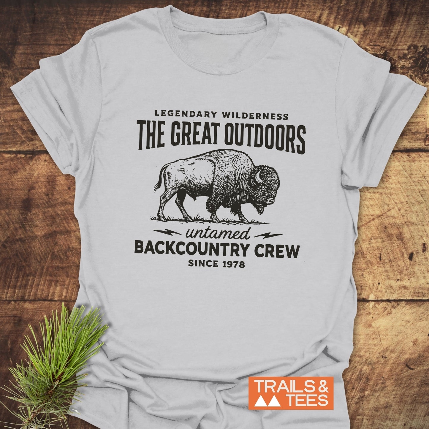 The Great Outdoors T-Shirt features a bison graphic with outdoor-themed text, crafted from soft cotton for comfort and durability, perfect for adventure lovers.