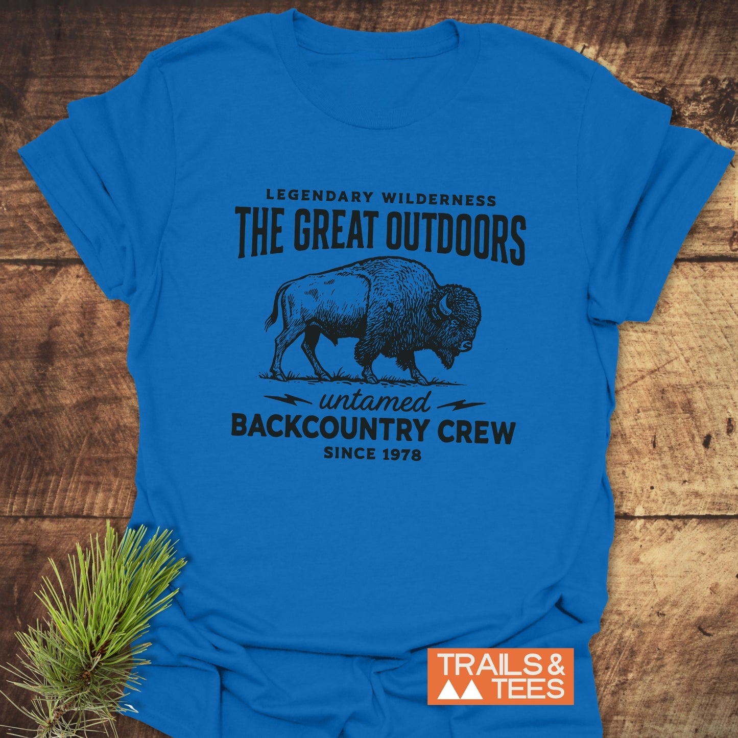 The Great Outdoors T-Shirt featuring a black bison silhouette and slogans, laid on wood with a pine branch, embodies adventure-ready comfort and design.