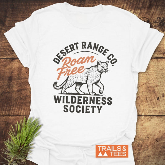 Roam Free Cougar T-Shirt featuring a mountain lion graphic and DESERT RANGE CO. text, crafted from soft cotton for adventure-ready comfort.