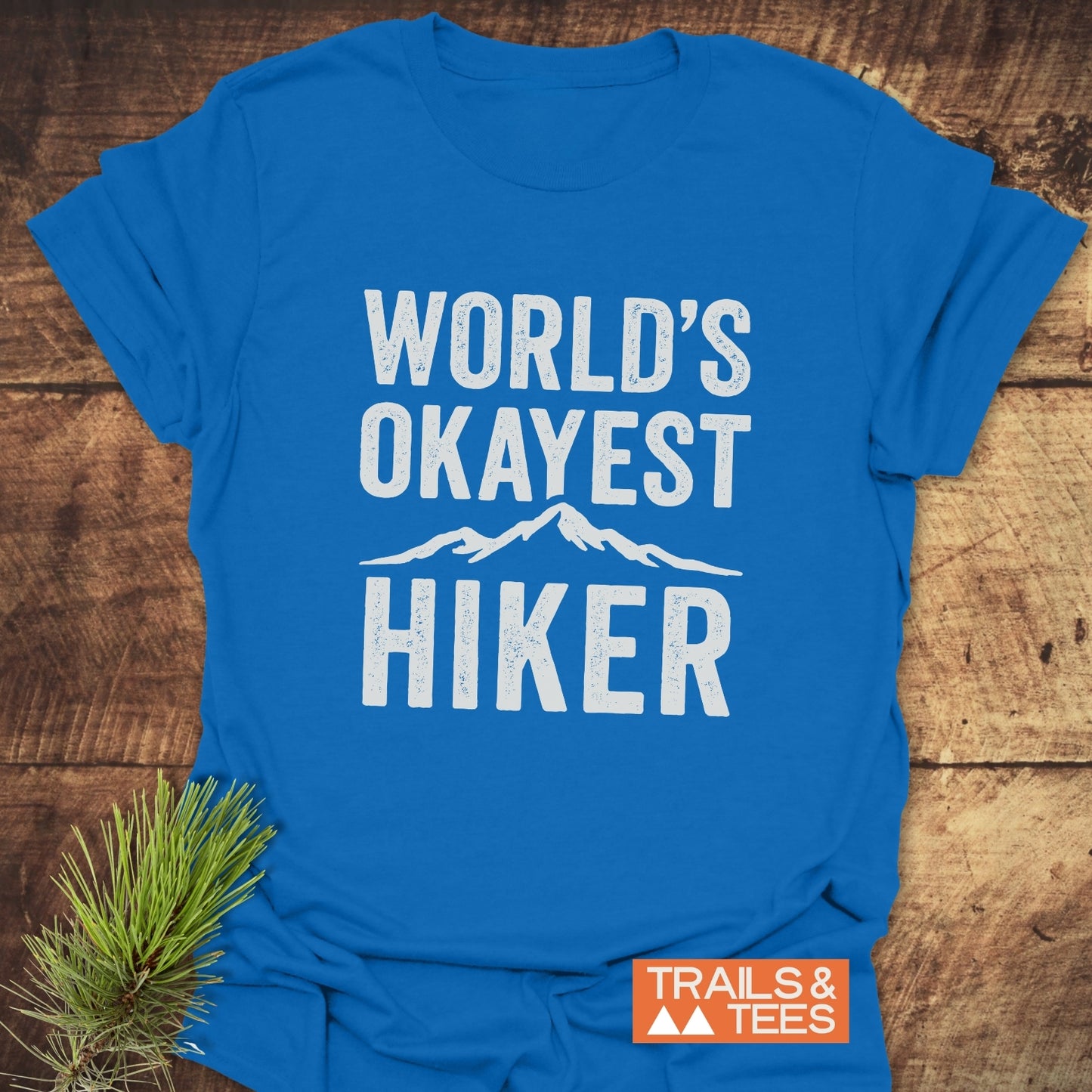 World's Okayest Hiker T-Shirt on wood, featuring a mountain ridge graphic and Trails & Tees logo. Soft, lightweight cotton for outdoor comfort.