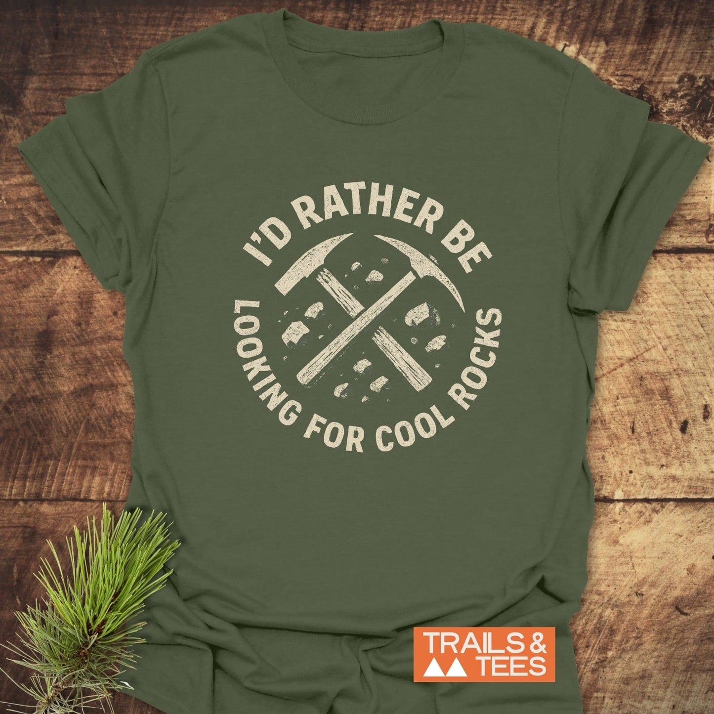 Olive-green I'd Rather... Rocklover T-Shirt featuring crossed rock-hammers design, crafted from soft ring-spun cotton for comfort and durability.