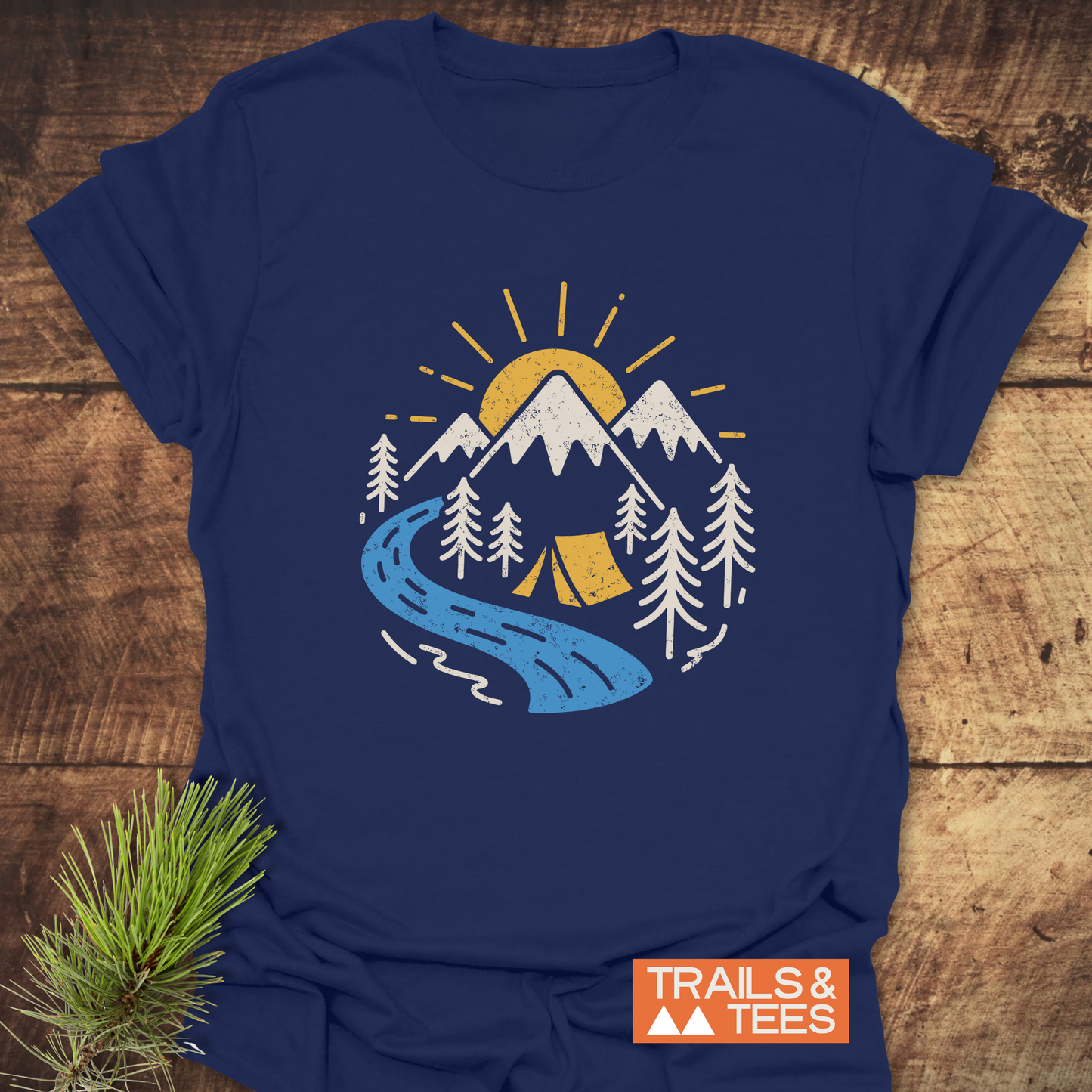 Camping Love T-Shirt featuring a mountain scene with sun, river, and tent, crafted from soft cotton for comfort and durability.