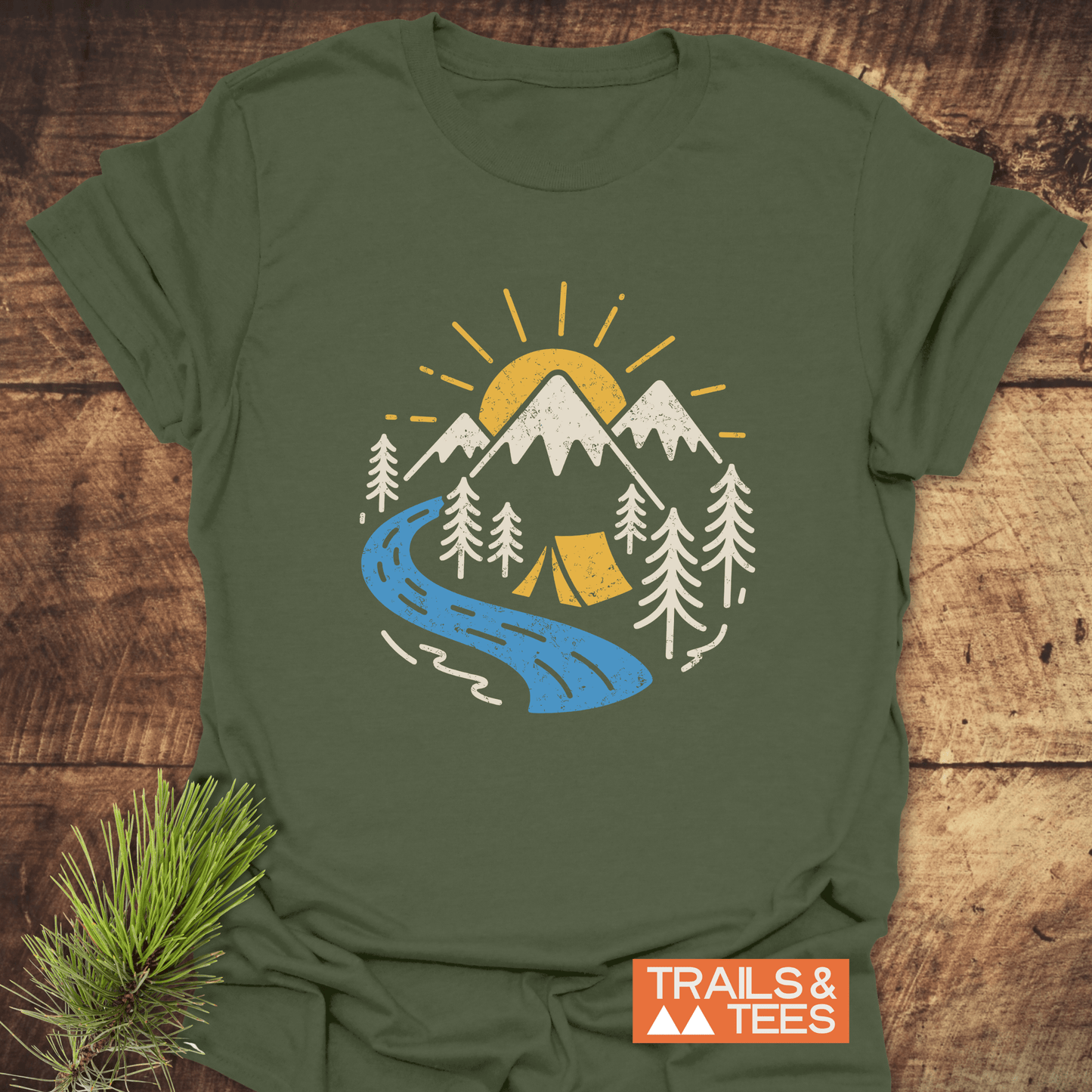 Camping Love T-Shirt with retro camping graphic, showcasing sun, mountains, trees, and tent. Crafted from soft cotton, designed for outdoor enthusiasts by TRAILS & TEES.