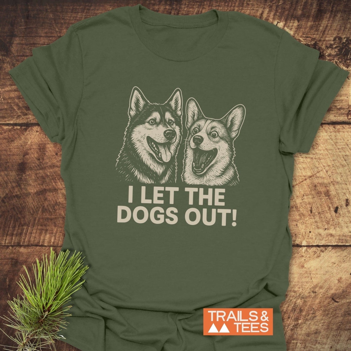 Olive-green I Let The Dogs Out T-shirt with husky and corgi line art, crafted from soft, lightweight cotton for comfort and durability.