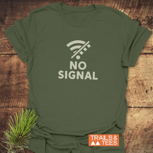 No Signal Minimalist T-Shirt on rustic wood, showcasing a “no Wi-Fi signal” icon and “NO SIGNAL” text; includes Trails & Tees logo with mountain peaks.
