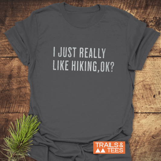 Dark-gray T-shirt reading “I JUST REALLY LIKE HIKING, OK?” with “TRAILS & TEES” logo, laid on wood, highlighting comfort and adventure-ready design.