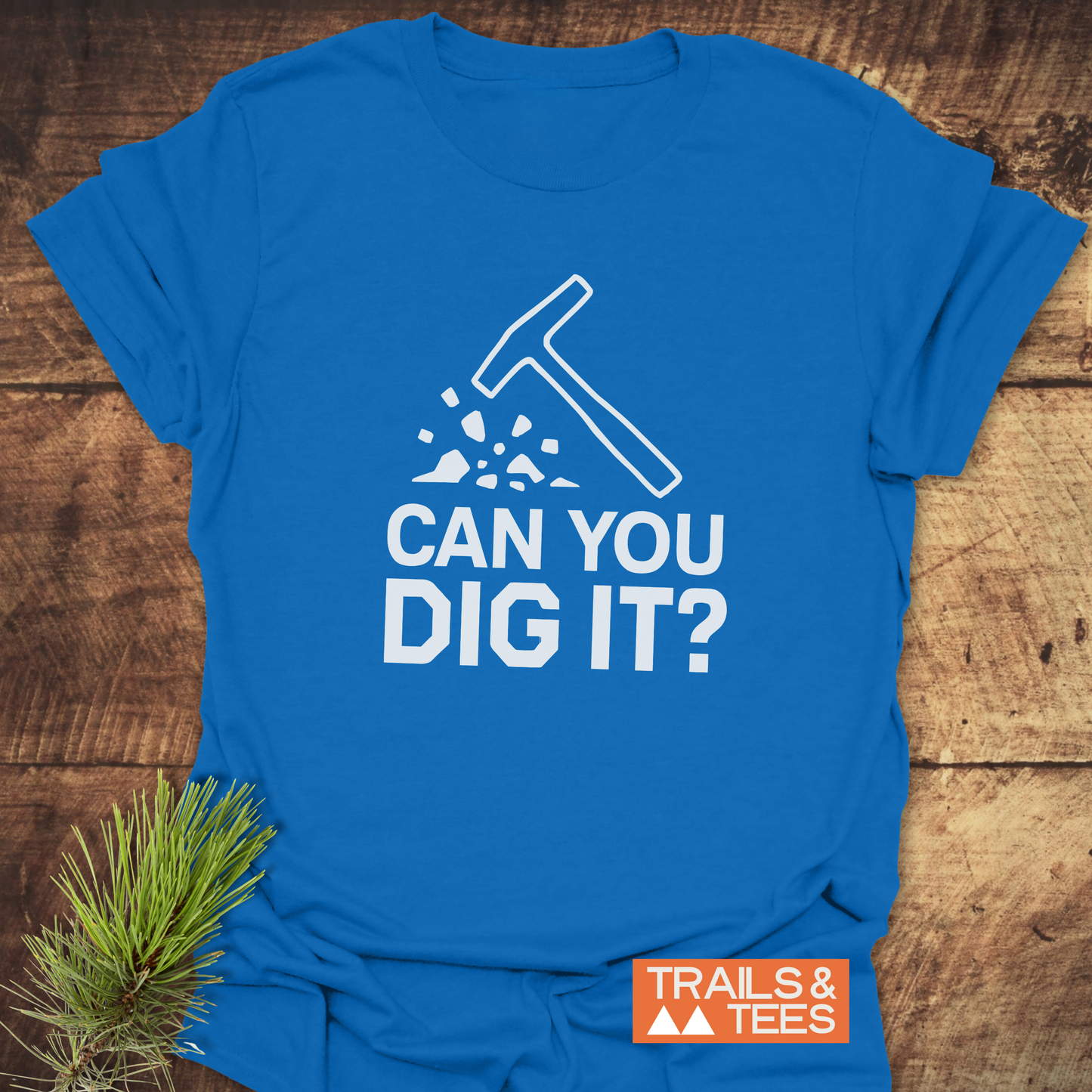 Can You Dig It? Rock Lovers T-Shirt featuring a white pick-axe graphic with slogan, crafted from soft cotton for outdoor adventures, includes TRAILS & TEES logo.