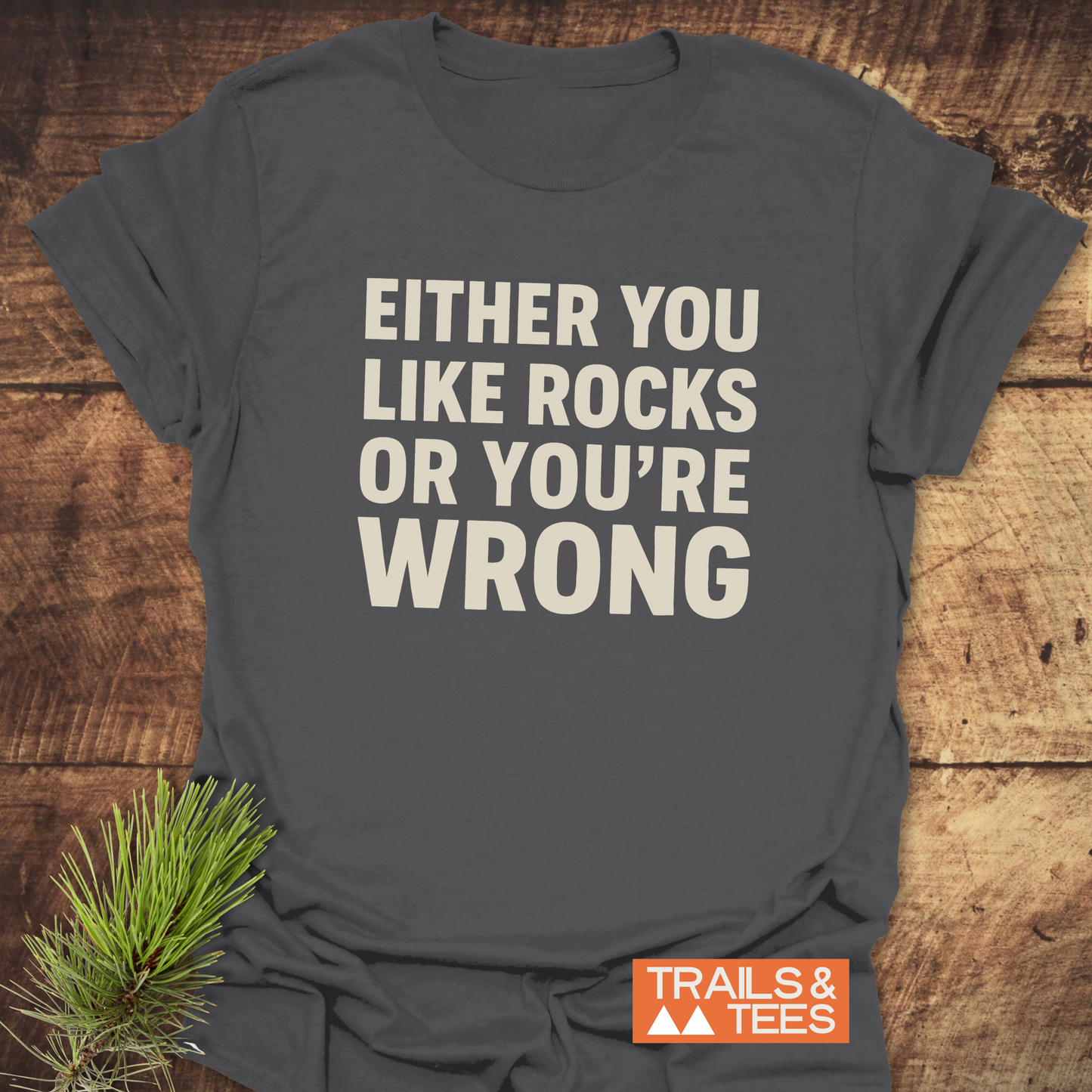 Heather-gray Either You Like Rocks T-Shirt on rustic surface, with off-white block letters. Features soft, lightweight cotton for outdoor enthusiasts. Logo: TRAILS & TEES.