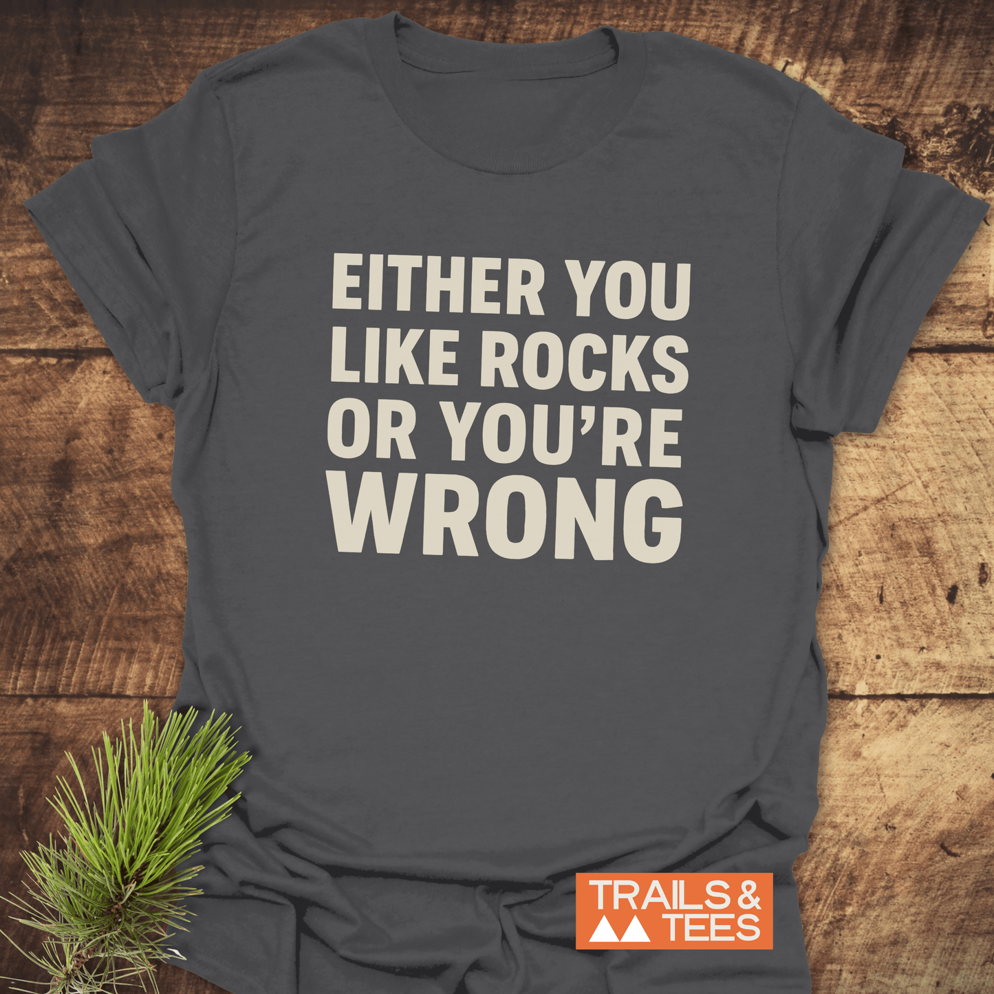 Heather-gray Either You Like Rocks T-Shirt on rustic surface, with off-white block letters. Features soft, lightweight cotton for outdoor enthusiasts. Logo: TRAILS & TEES.