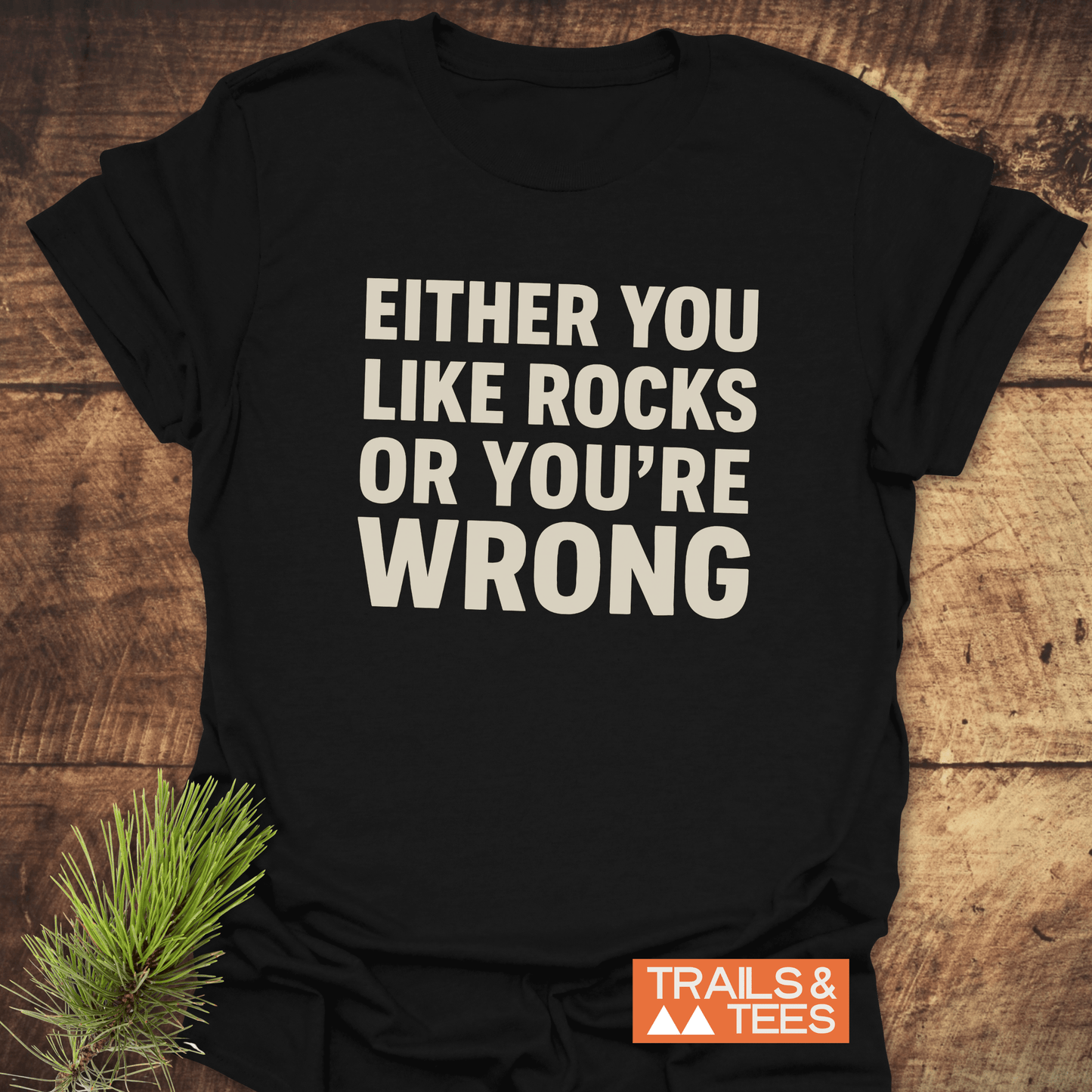 Either You Like Rocks T-Shirt on rustic wood, featuring bold off-white text and Trails & Tees logo; crafted from soft, lightweight cotton for outdoor enthusiasts.