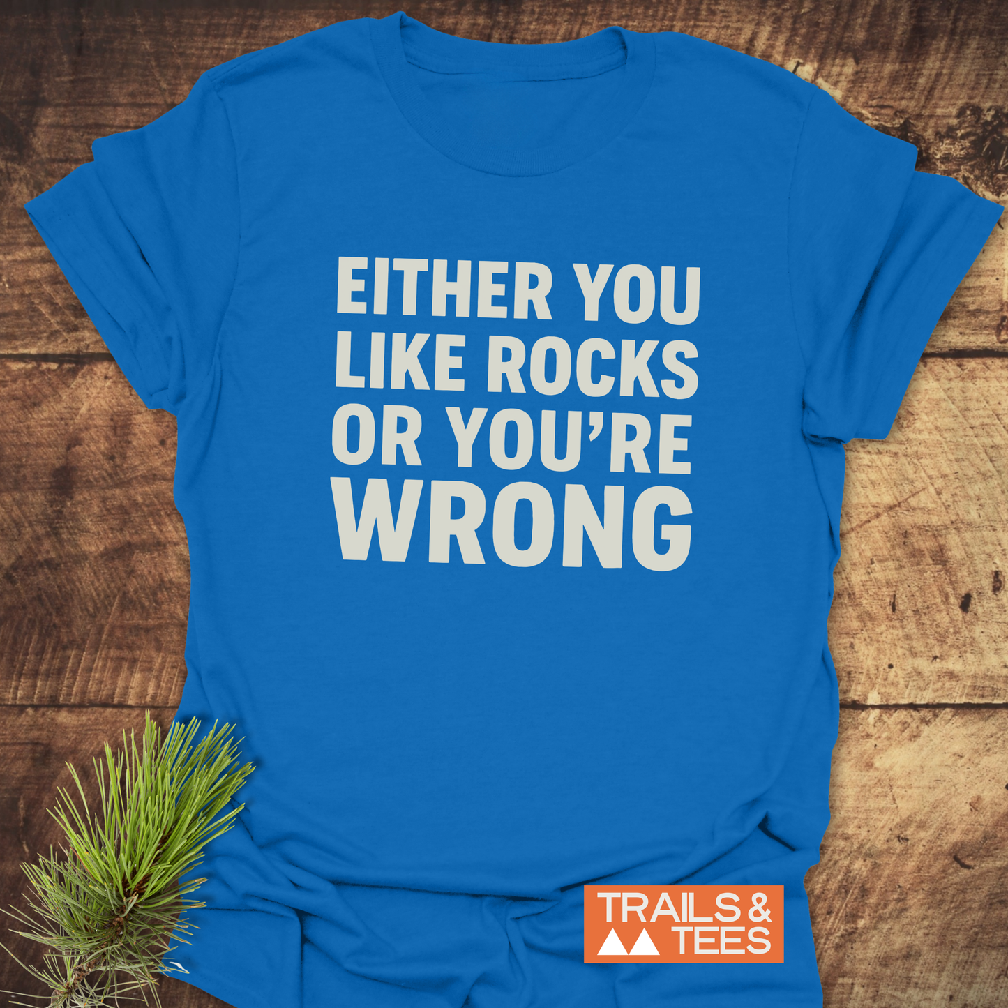 Either You Like Rocks T-Shirt in bright blue with bold white slogan, on wooden surface. Features durable print and soft ring-spun cotton. Includes Trails & Tees logo.
