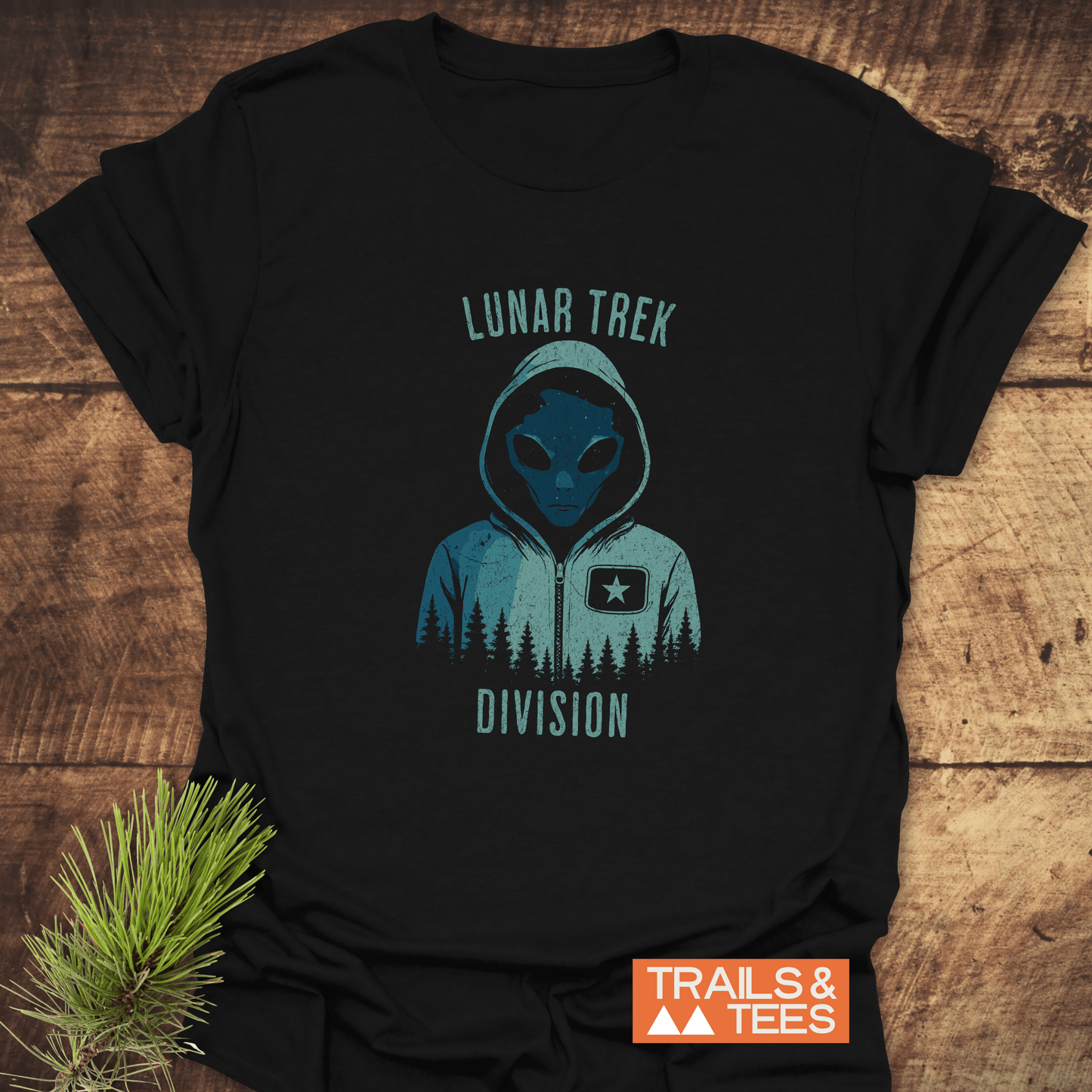 Lunar Trek Division T-Shirt featuring an alien in hoodie graphic, ideal for outdoor lovers, crafted from soft cotton for comfort and durability.