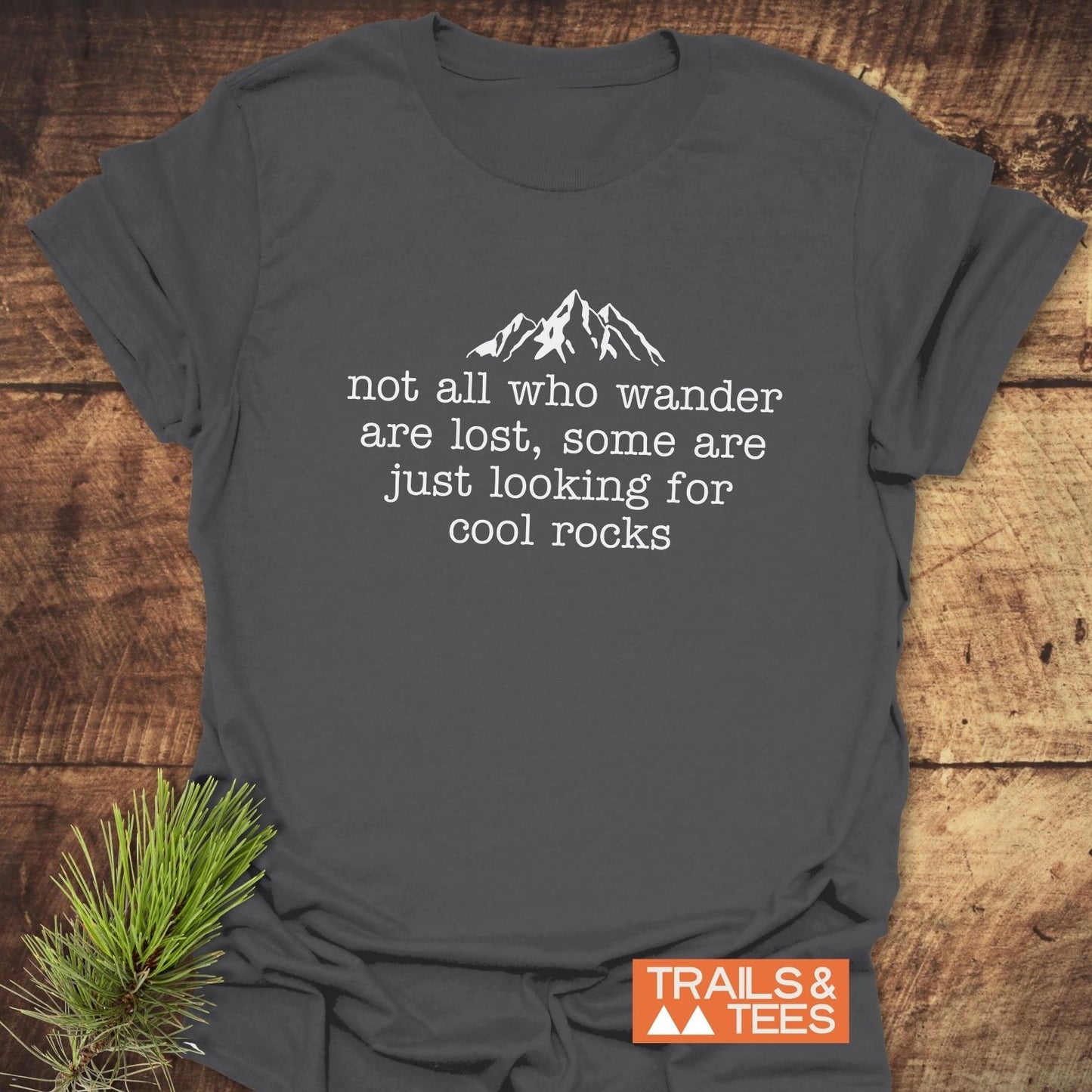 Looking For Cool Rocks T-Shirt with white mountain graphic, text, and orange logo. Laid flat with pine branch, highlighting outdoor-inspired design and comfort.