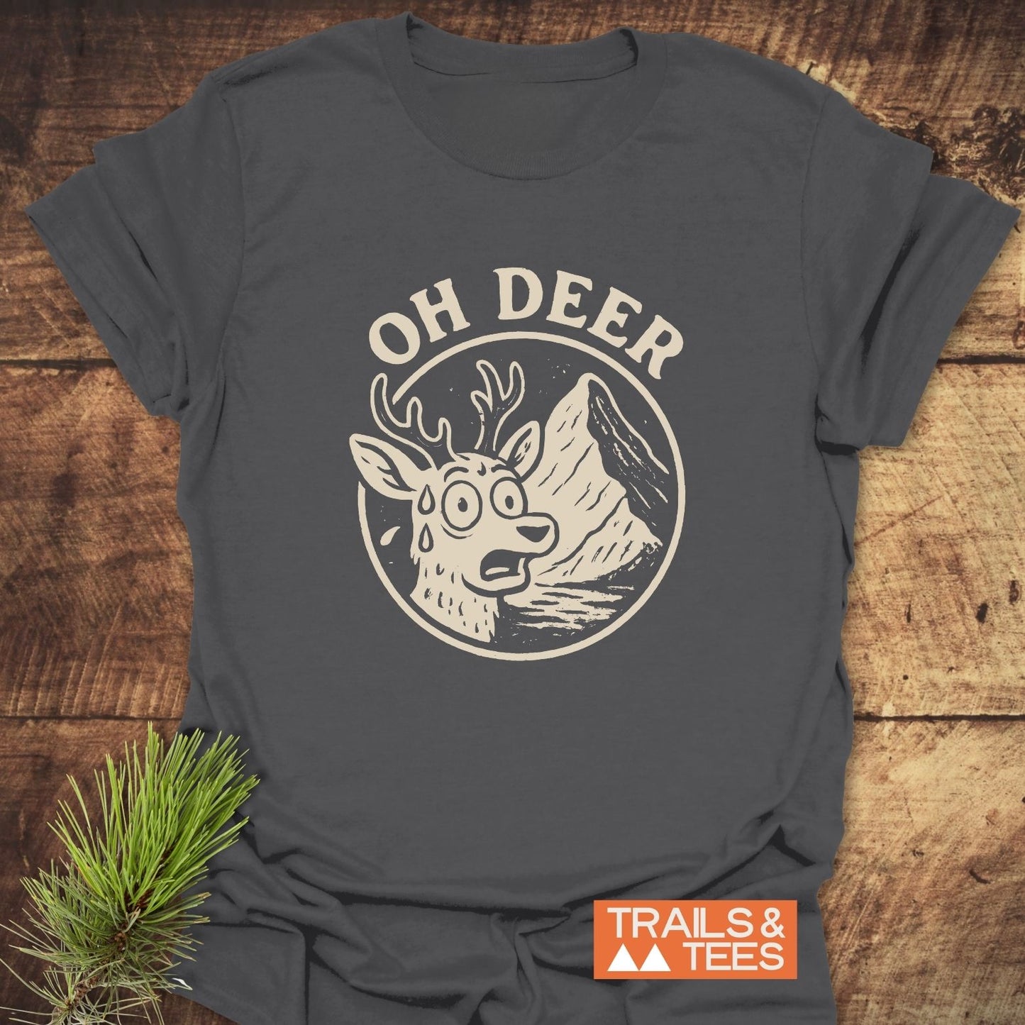 Oh Deer Funny Hiking T-Shirt with a cartoon deer graphic, perfect for outdoor enthusiasts. Made from soft cotton, featuring durable prints and a comfortable fit.