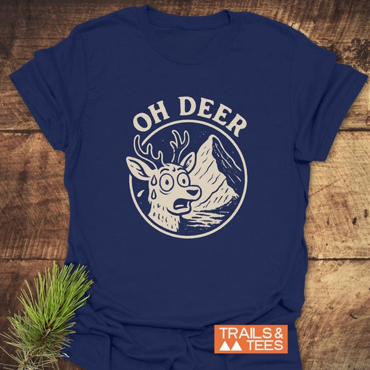 Oh Deer Funny Hiking T-Shirt featuring a wide-eyed deer graphic, highlighting its outdoor theme and crafted for comfort with durable prints and taped shoulders.