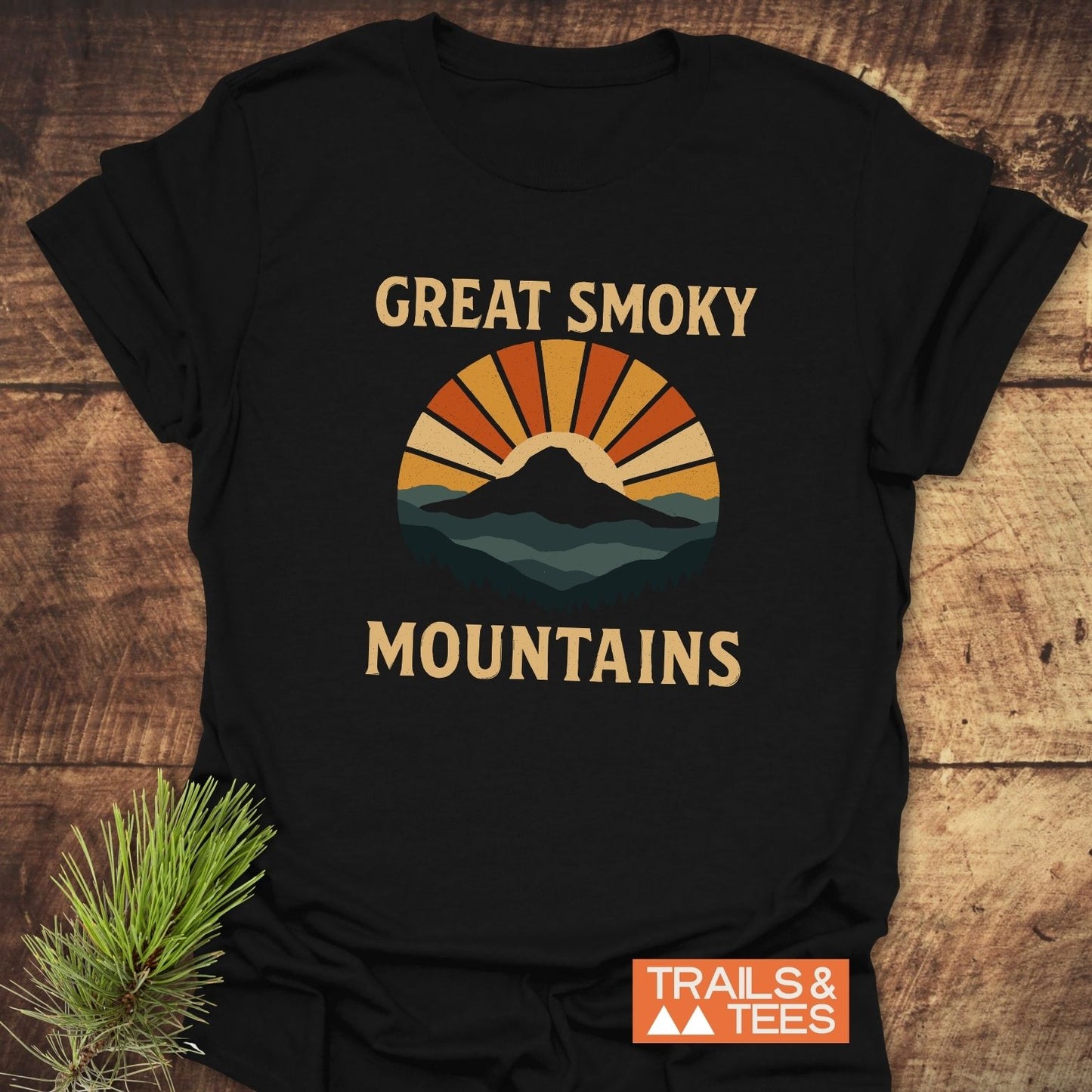 Great Smoky Mountains T-Shirt featuring a retro-style mountain graphic, crafted from soft cotton with durable prints, ideal for outdoor enthusiasts.