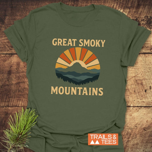 Great Smoky Mountains T-Shirt featuring a retro mountain graphic and vintage font, crafted from soft ring-spun cotton for comfort and durability.