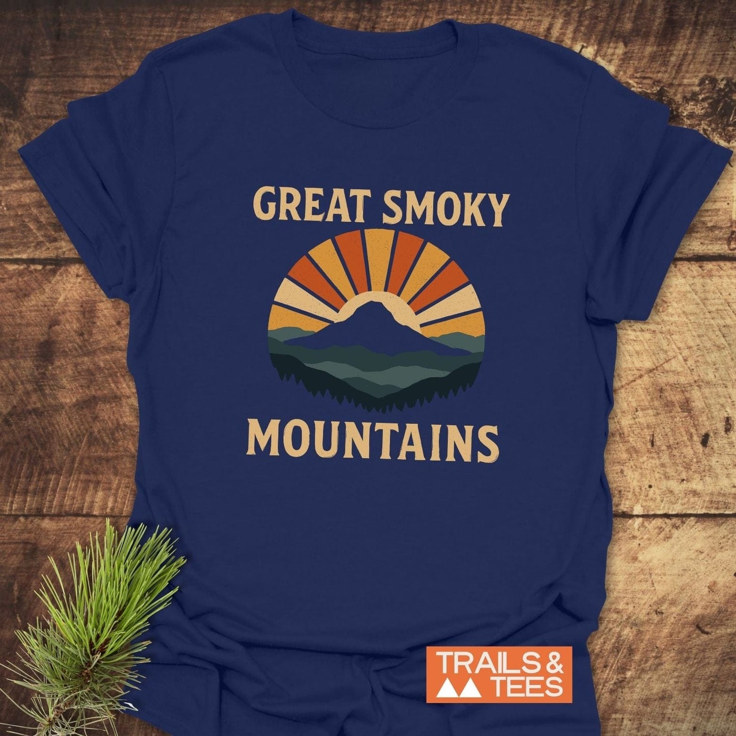 Great Smoky Mountains T-Shirt featuring a retro mountain graphic with sunburst, crafted from soft cotton for comfort and durability, perfect for outdoor enthusiasts.