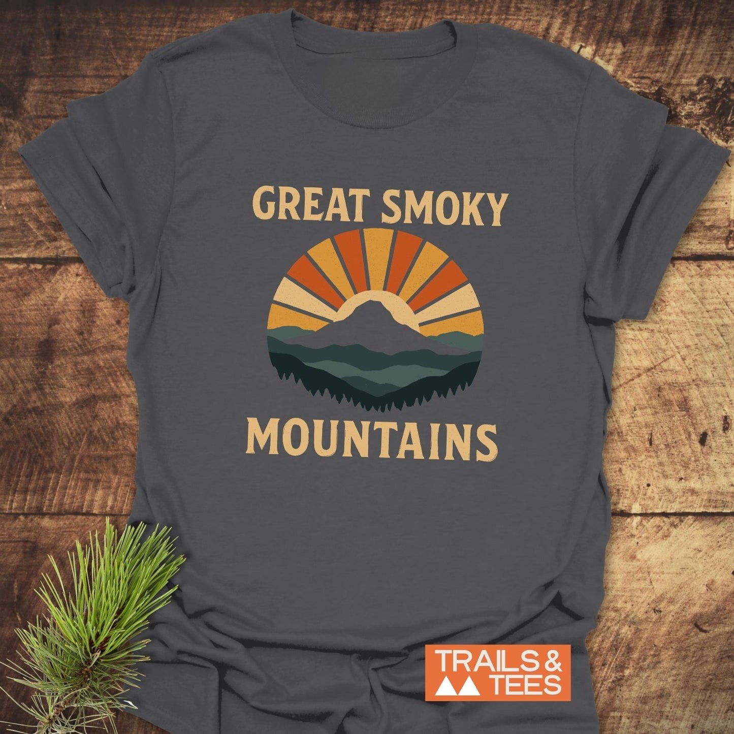Great Smoky Mountains T-Shirt with retro mountain graphics, crafted from soft cotton. Features durable prints, pre-shrunk fit, and taped shoulders, ideal for outdoor adventures.
