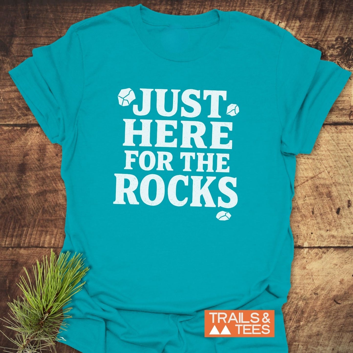 Just Here For The Rocks T-Shirt: Teal tee with bold white lettering and rock icons, showcasing outdoor love. Soft, lightweight cotton, durable prints.