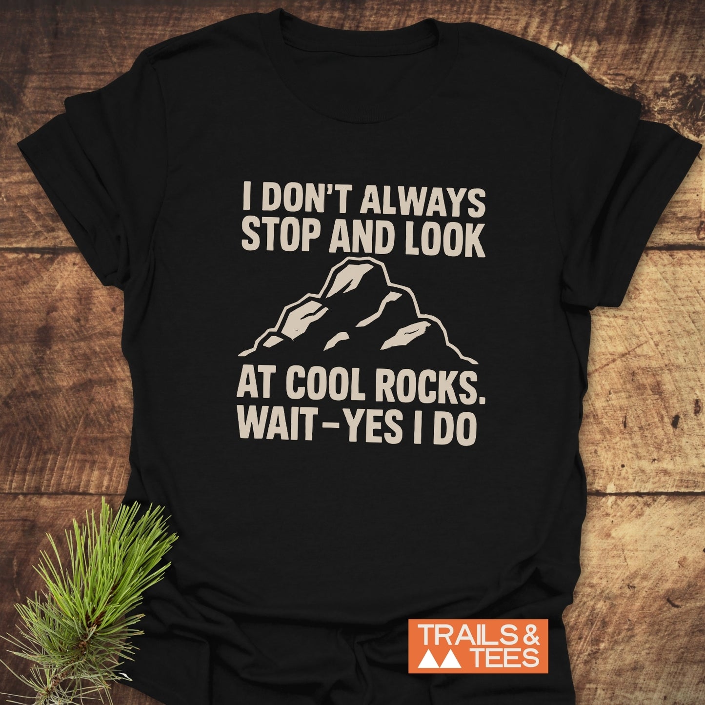 Black I Don't Always... Rock Lover T-shirt with cream print of rocky outcrop and text, featuring an orange TRAILS & TEES logo on a wooden surface.