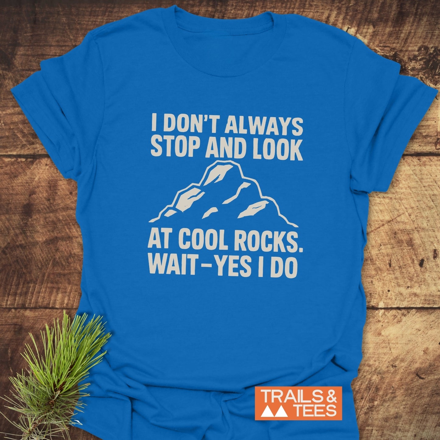 I Don't Always... Rock Lover T-Shirt featuring a mountain silhouette and humorous text, highlighted by the Trails & Tees logo and pine branch prop.