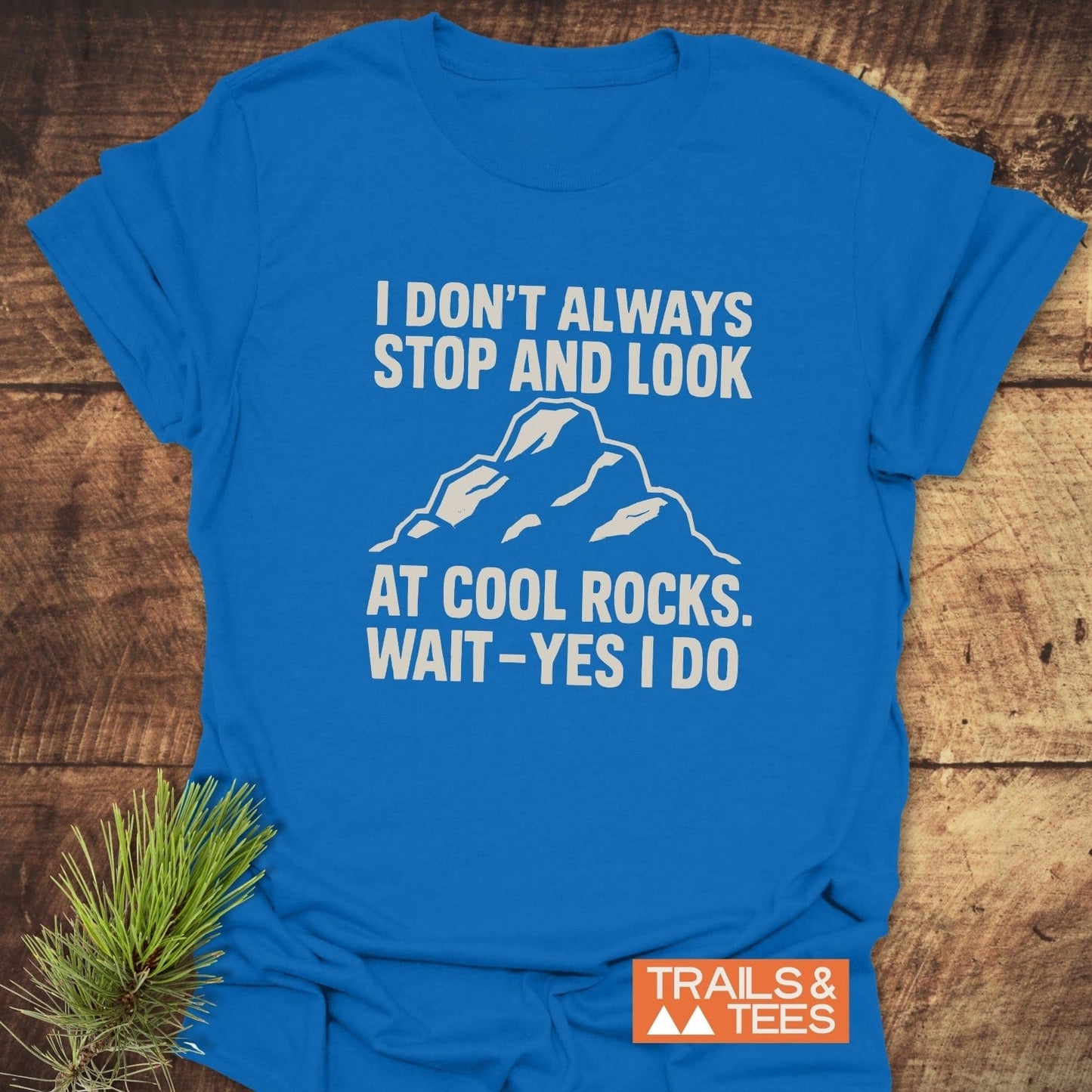 I Don't Always... Rock Lover T-Shirt featuring a mountain silhouette and humorous text, highlighted by the Trails & Tees logo and pine branch prop.