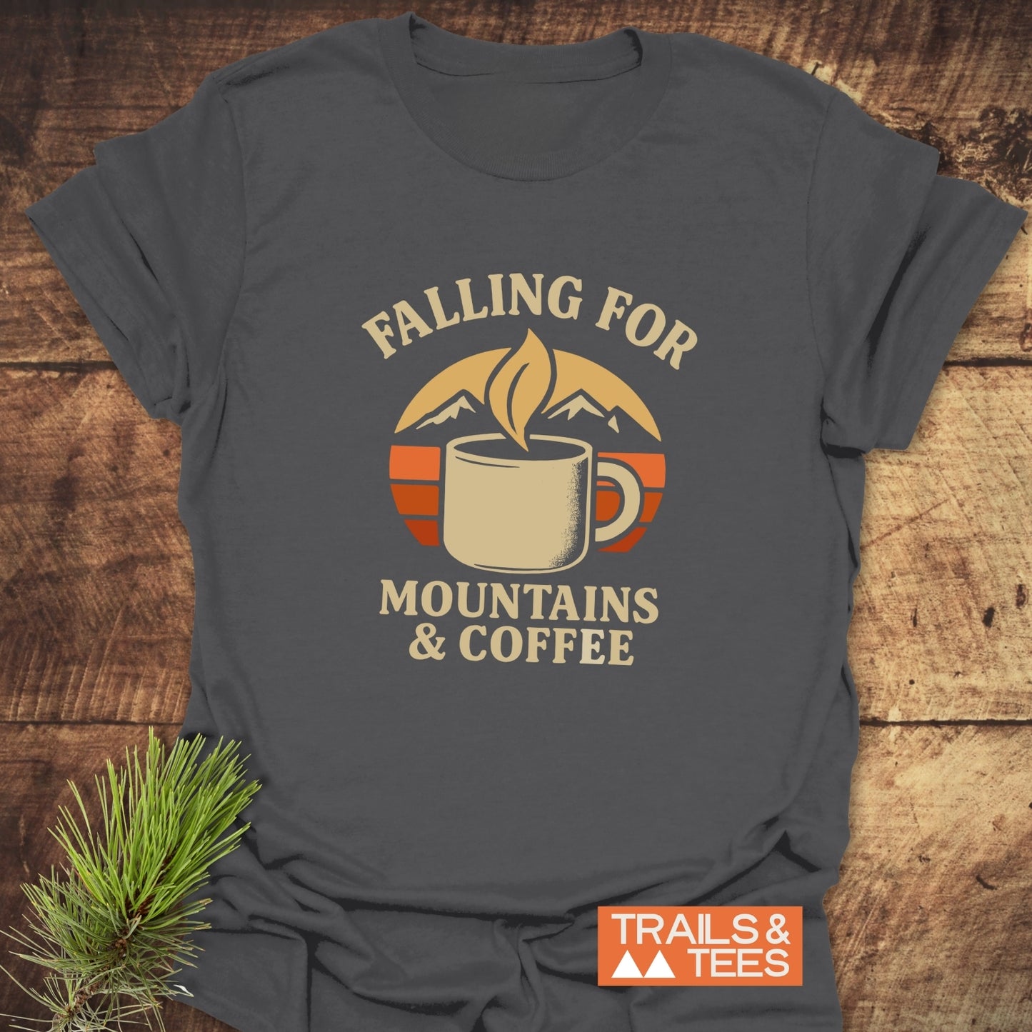 Falling For T-Shirt with retro coffee and mountain graphic, crafted from soft ring-spun cotton, showcasing durable prints and outdoor-inspired design.