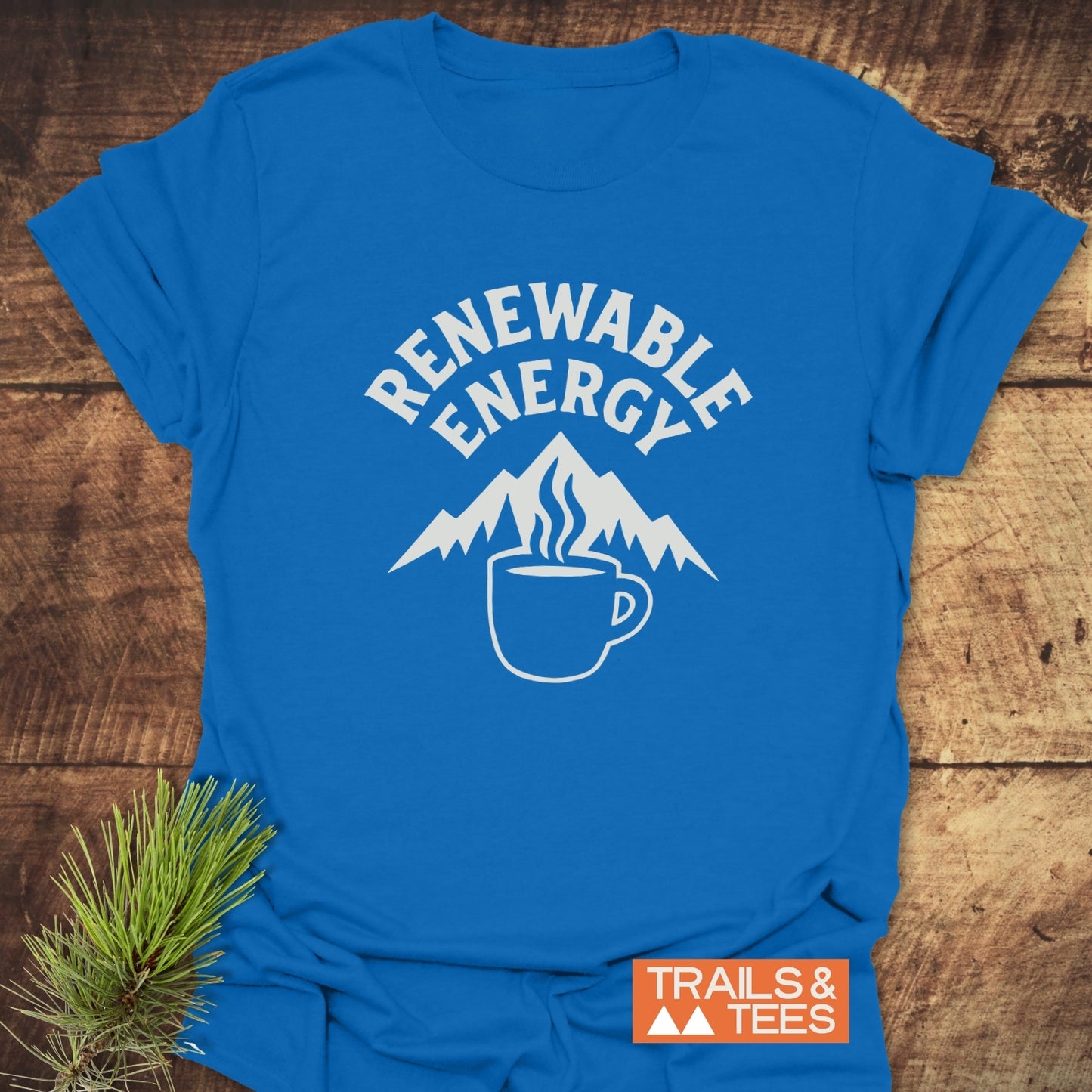 Renewable Energy T-Shirt featuring white mountain silhouette and coffee mug icon, crafted from soft cotton for comfort, perfect for outdoor enthusiasts.