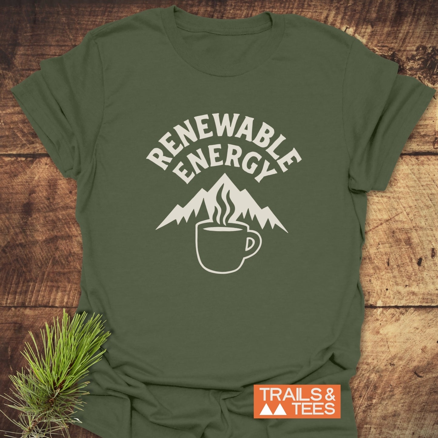 Renewable Energy T-Shirt featuring a mountain and coffee cup graphic, highlighting outdoor spirit. Made from soft, lightweight cotton for comfort and durability.