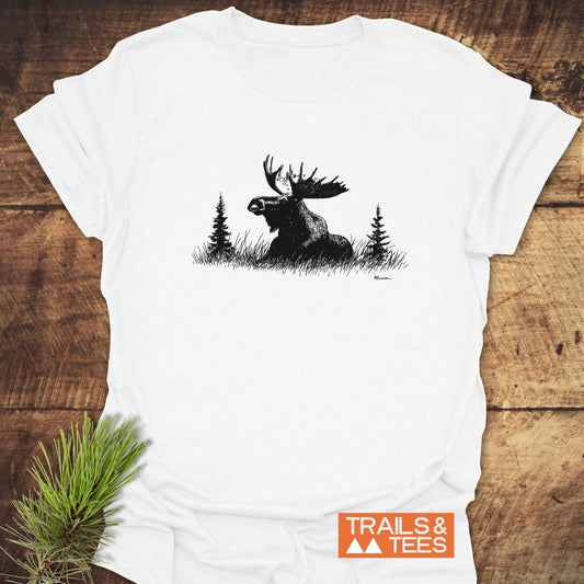 Relaxing Moose T-Shirt featuring a line drawing of a moose with trees, crafted from soft cotton, offering comfort and durability for everyday adventures.