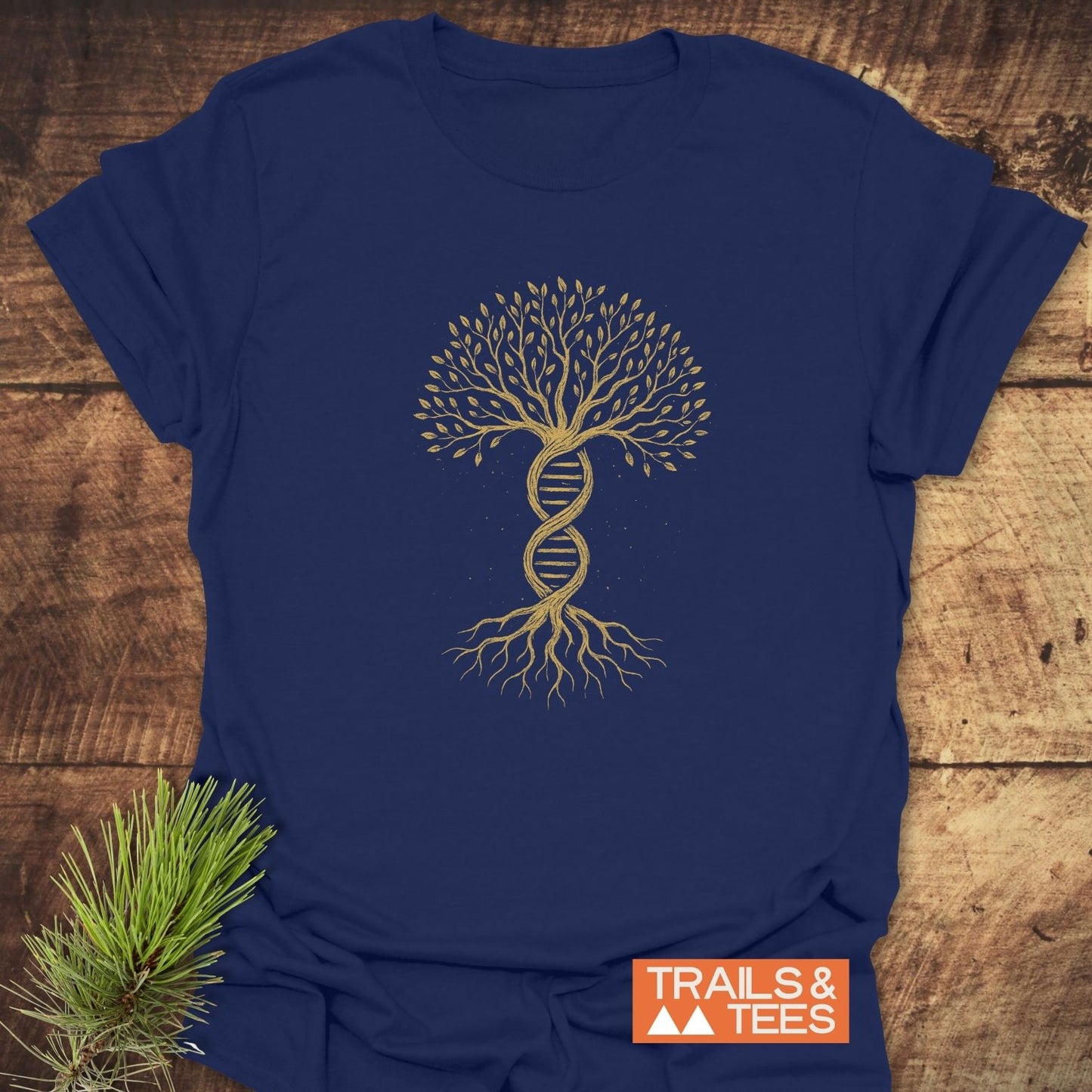 Tree Of Life T-Shirt featuring a gold DNA tree illustration, crafted from soft cotton for comfort and durability, perfect for outdoor enthusiasts.