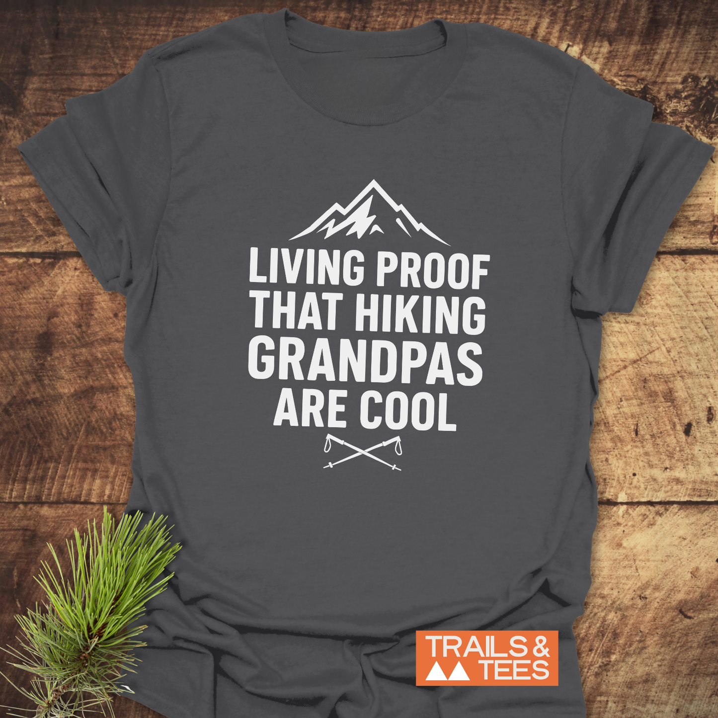 Dark-gray T-shirt featuring LIVING PROOF THAT HIKING GRANDPAS ARE COOL with mountain silhouette and hiking poles. Includes TRAILS & TEES logo.